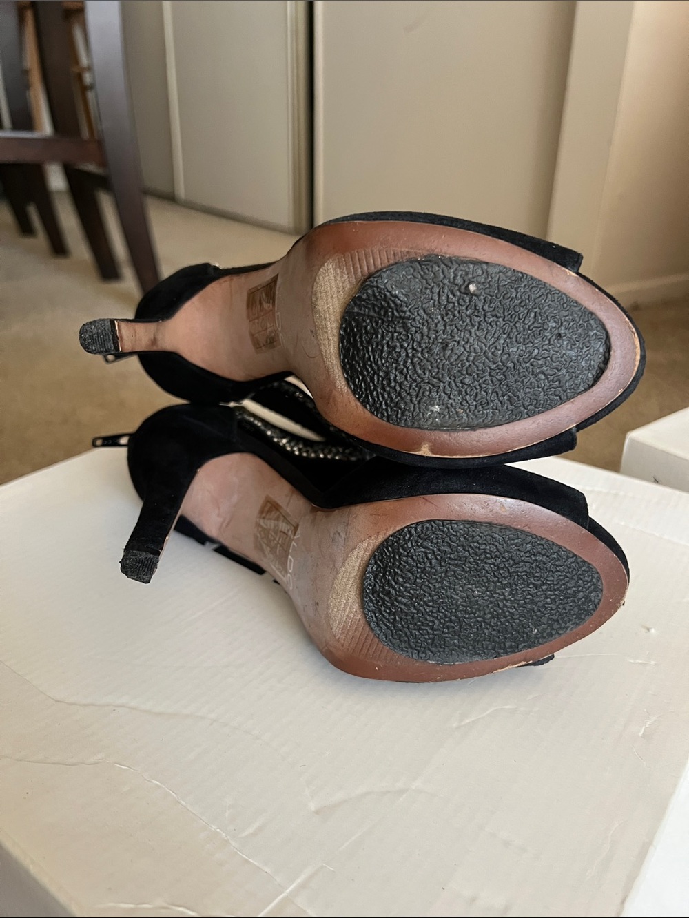 Aldo Black Suede Peep-Toe Heels with Gold and Silver Crystal Cuffs - Picture 3 of 5